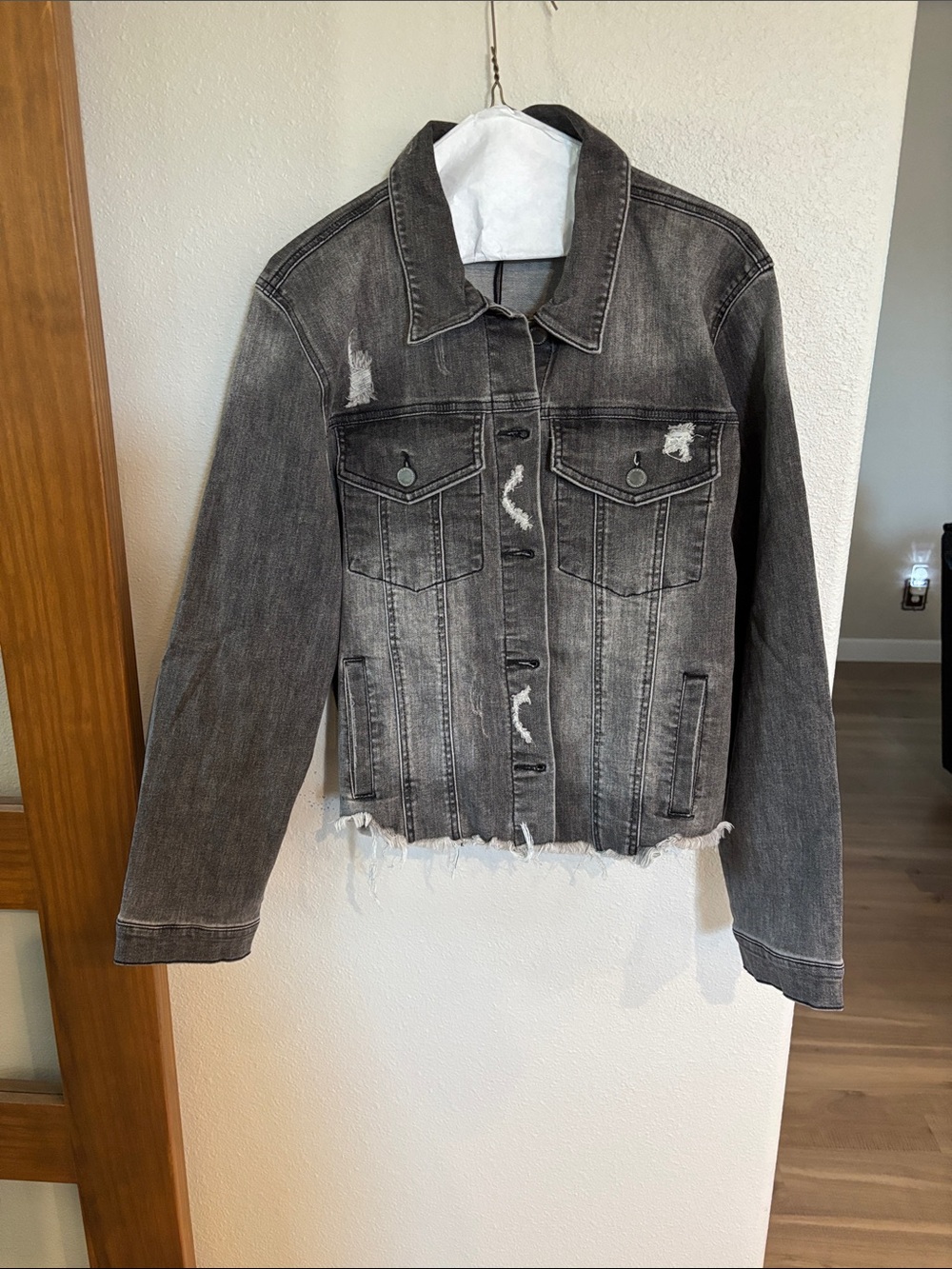 Risen Women's Distressed Black-Gray Denim Jacket with Frayed Hem